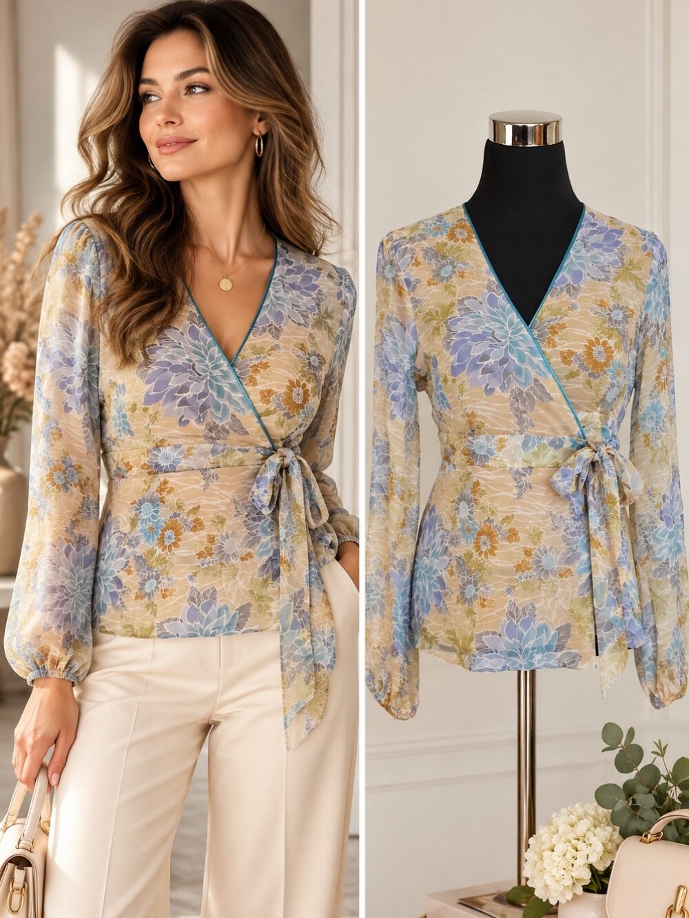 INC International Concepts 100% Silk Floral Wrap Blouse Size 8 Under Bust Tie